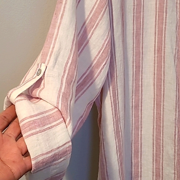 Tahari Women's 1X Linen Mauve Pink White Button-up Tunic Blouse Beachy Cottage - Picture 8 of 12
